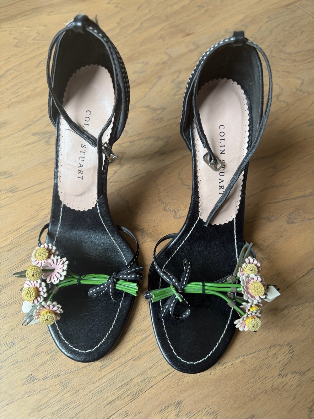 Colin Stuart Black Leather Floral Strap Heels with Pink & Yellow Accents - Picture 2 of 10